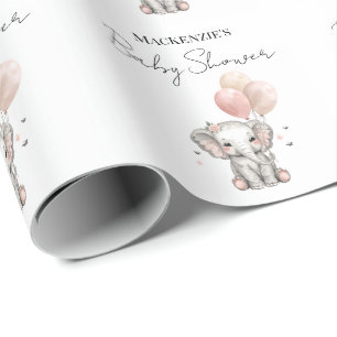 Papier Cadeau Baby Shower Fille Éléphant & Ballons Roses