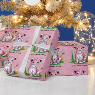 Papier Cadeau Baby shower fille Lion rose