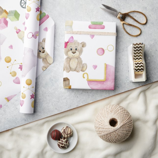 Papier Cadeau Baby shower fille ours en Teddy rose (Artisanat)