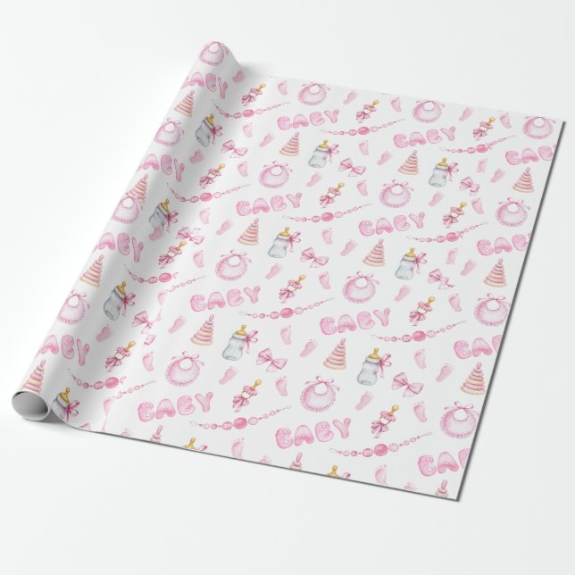 Papier Cadeau Baby shower fille rose (Déroulé)