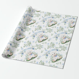 Papier Cadeau Baby shower floral bleu d'agneau
