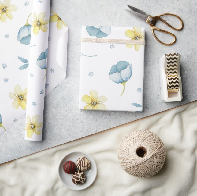 Papier Cadeau Baby shower floral bleu et jaune doux (Artisanat)