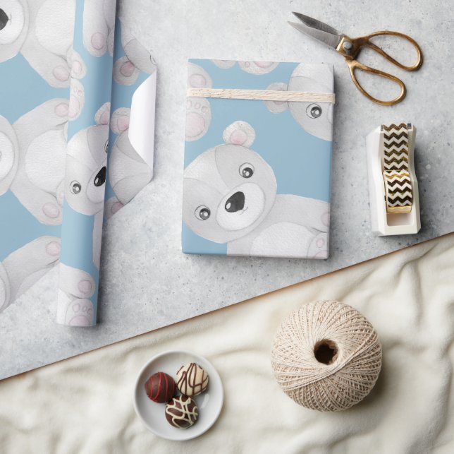 Papier Cadeau Baby shower Garçon bleu Ours aquarelle (Artisanat)