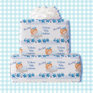 Papier Cadeau Baby shower Garçon dormant sur un Baby shower nuag