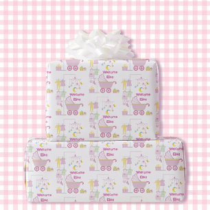 Papier Cadeau Baby shower Girl Pink Bassinet Ajouter nom et text