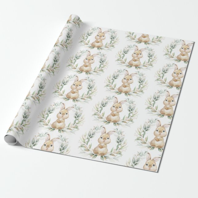 Papier Cadeau Baby shower lapin de Pâques de lapin doré vert dou (Déroulé)