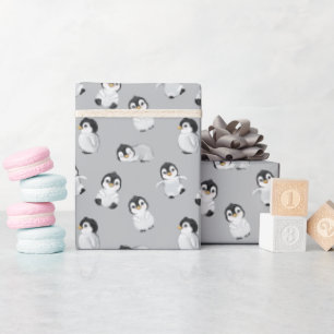 Papier Cadeau Baby shower Motif de pingouin gris mou