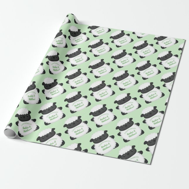 Papier Cadeau Baby shower mouton vert (Déroulé)