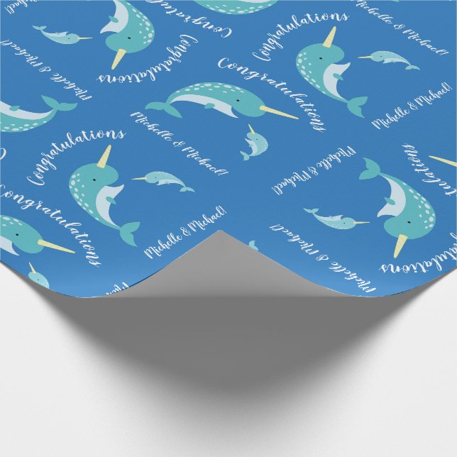 Papier Cadeau Baby shower Narwhal Blue Boy Whale (Coin)