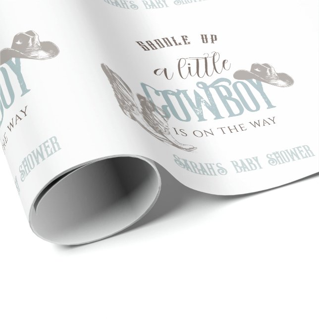 Papier Cadeau Baby shower petit cowboy Western Blue Boy (Coin rond)