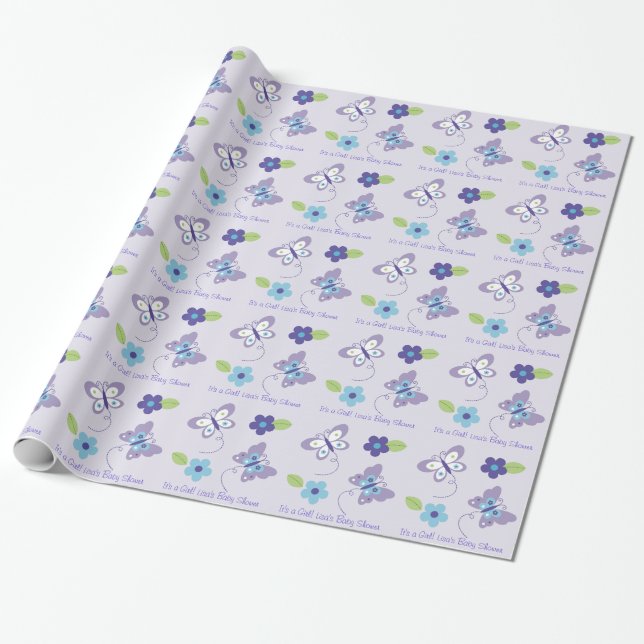 Papier Cadeau Baby shower pourpre de papillon (Déroulé)