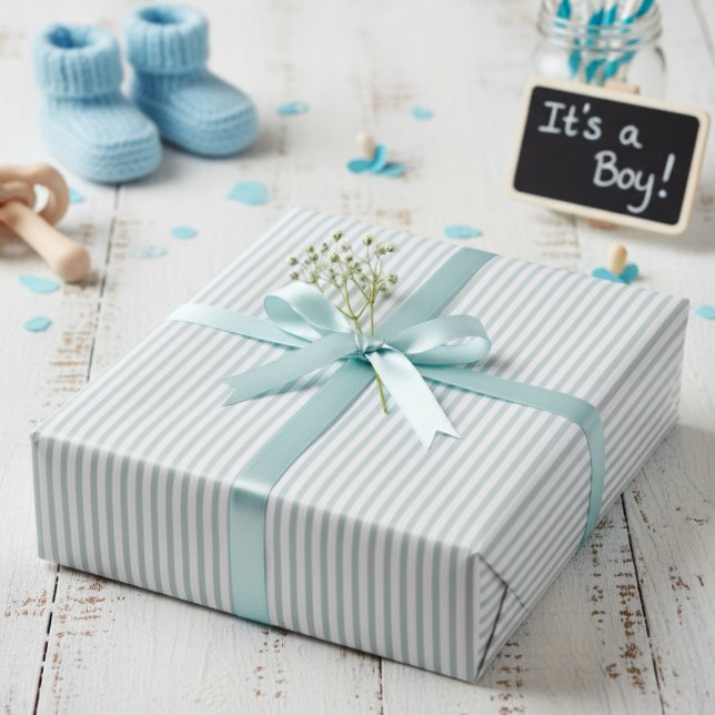 Papier Cadeau Baby shower rayé vert à la menthe (Cute Mint Blue and White Striped Wrapping Paper for Baby Boy Shower. Pinstripe Thin Lines Pattern)