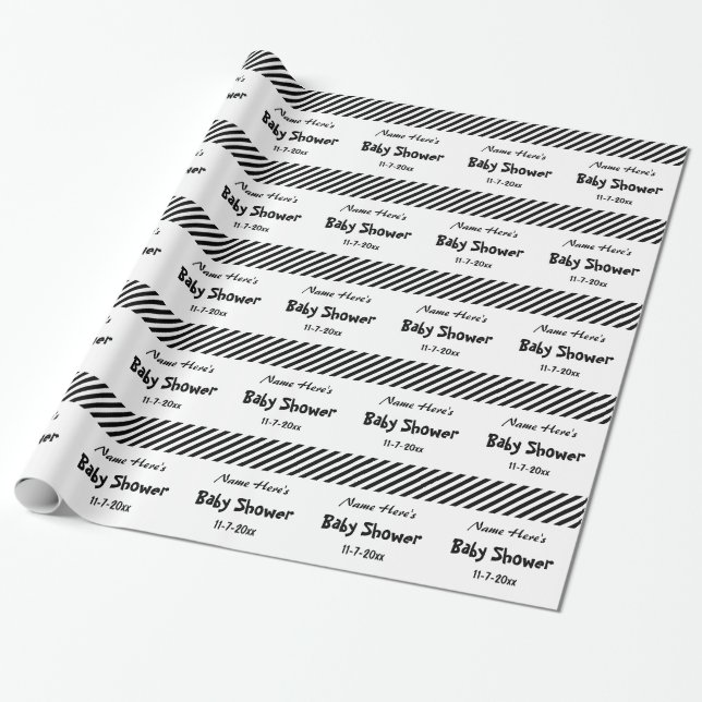 Papier Cadeau Baby shower, rayures noires et blanches (Déroulé)