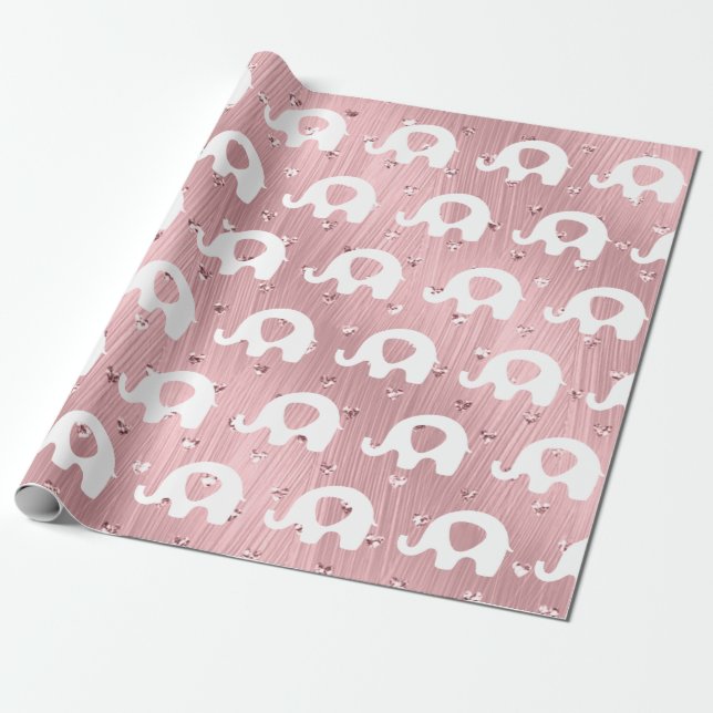 Papier Cadeau Baby shower rose blanc Eléphant Princesse Fille (Déroulé)