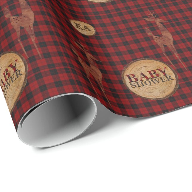Papier Cadeau Baby-Shower rustique à carreaux de bœuf avec initi (Coin rond)