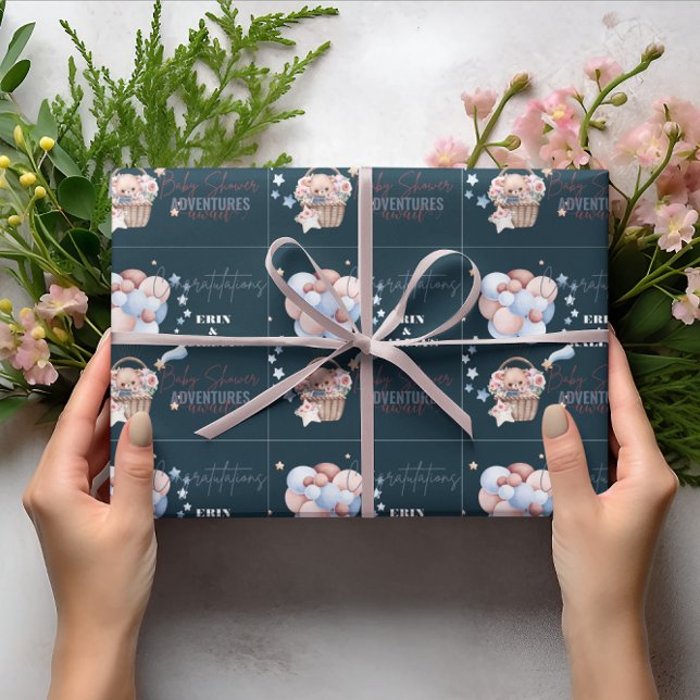 Papier Cadeau Baby shower sur mesure Blue Teddy Bear et Balloon (Créateur téléchargé)