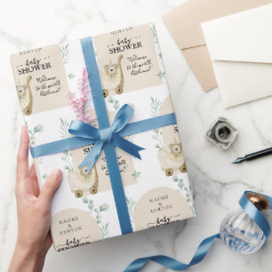 Papier Cadeau Baby shower vert illustré personnalisé