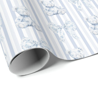 Papier Cadeau Baby-Shower Vintage Bleu Toile et Rayures pour Gar
