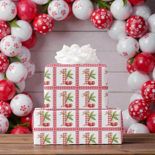 Papier Cadeau Baby's Cherry First Red Gingham Birthday (Créateur téléchargé)
