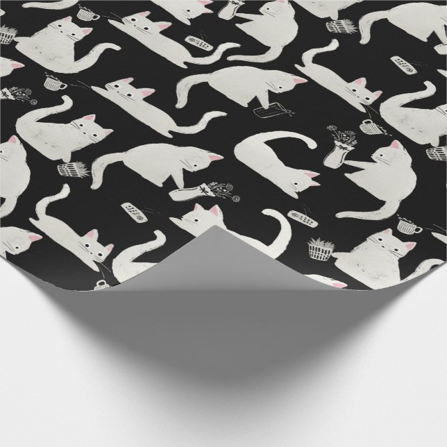 Papier Cadeau Bad Cats Knocking Stuff Over, White Cats on Black (Coin)