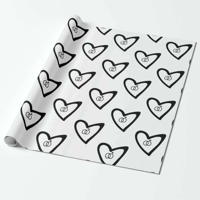 Papier Cadeau Bagues coeurs romantiques motif noir mariage allia (Déroulé)