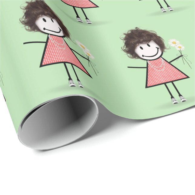 Papier Cadeau Baguette Figure Girl en Basket sur Vert (Coin rond)
