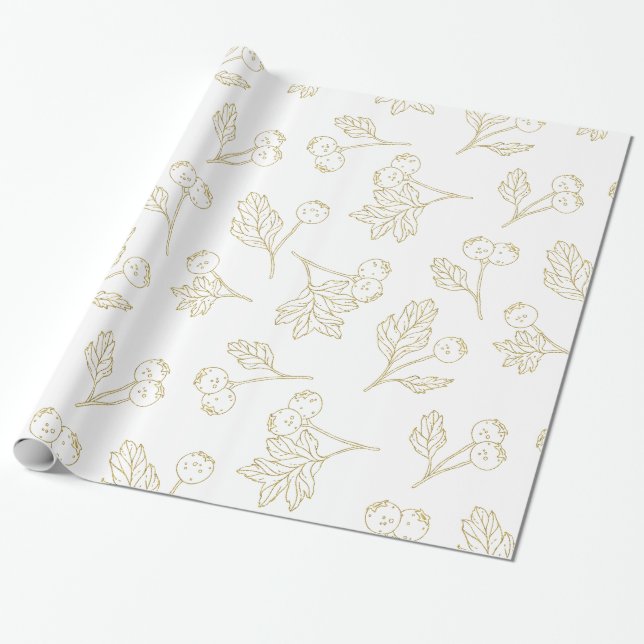 Papier Cadeau Baies d'hiver Gold White Noël (Déroulé)