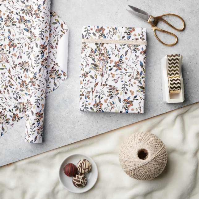 Papier Cadeau Baies Feuilles blanches Aquarelle Motif Floral (Artisanat)