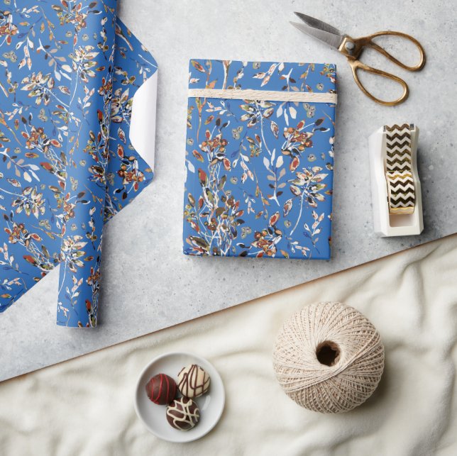 Papier Cadeau Baies feuilles Bleu Elégant Aquarelle Florale (Artisanat)
