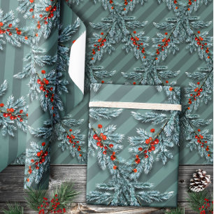 Papier Cadeau Baies rouges d'épinette d'argent treillis rayé