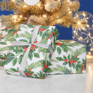 Papier Cadeau Baies Rouges Houx Vert Floral Noël Fêtes