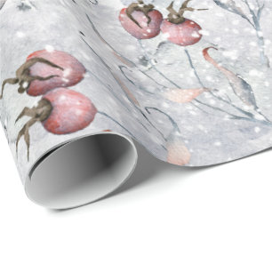Papier Cadeau Baies rouges Scène de neige avec feuilles, hiver