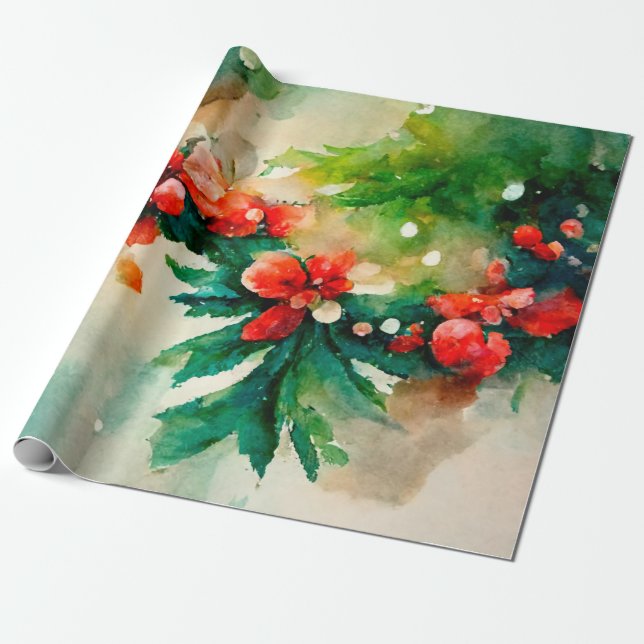 Papier Cadeau Baies rouges Verdure Noël Aquarelle florale (Déroulé)