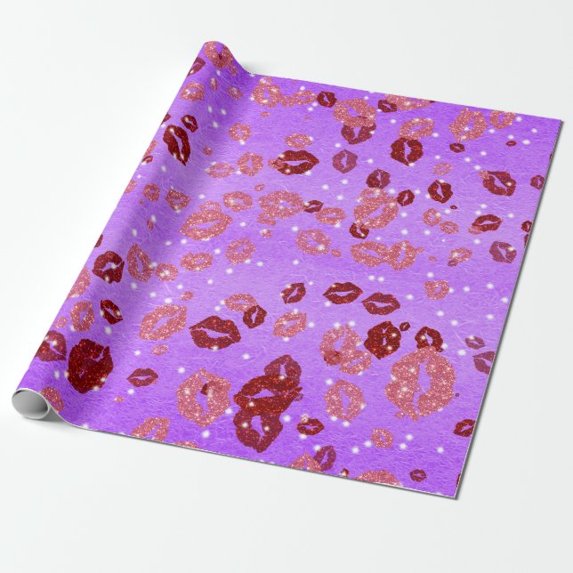 Papier Cadeau Baisers rouges et roses en papier d'emballage viol (Déroulé)