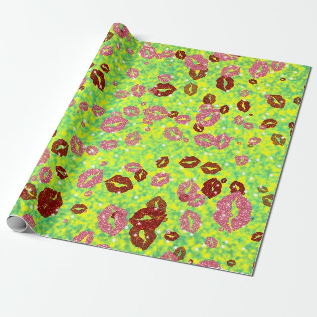 Papier Cadeau Baisers rouges et roses en vert (Déroulé)