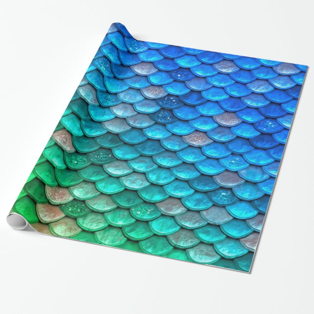 Papier Cadeau Balances de poissons de sirène bleu Iridescente Gr (Déroulé)