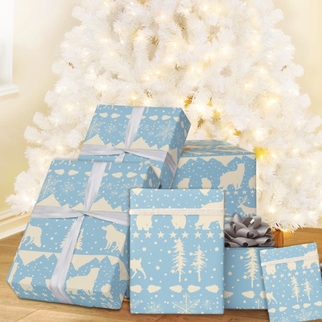 Papier Cadeau Balayage nordique Beige Winter Animaux Ciel bleu (Nordic Sweater Blue & Beige Winter Animals Christmas Holiday Wrapping Paper Rolls)