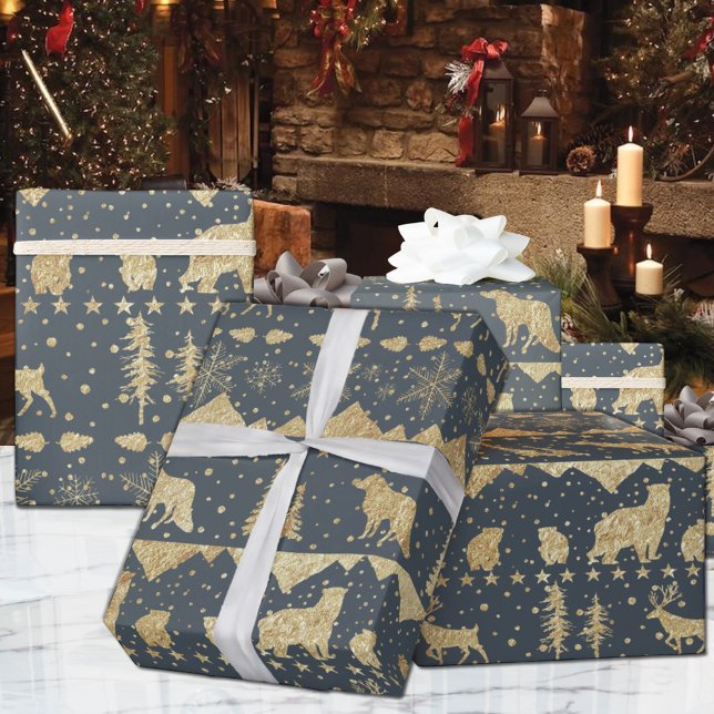 Papier Cadeau Balayage nordique Or Animaux d'hiver gris flanelle (Nordic Sweater Gray & Gold Winter Animals Christmas Holiday Wrapping Paper Rolls)