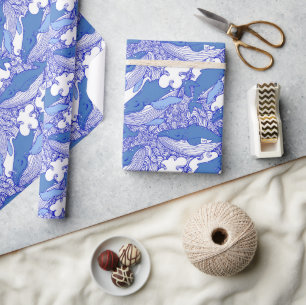 Papier Cadeau Baleine à bosse monochromatique bleue