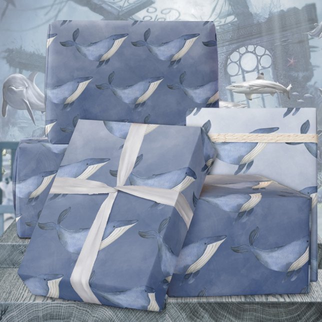 Papier Cadeau Baleines À Bosse Sous Le P D'Enveloppement De La M (Baby Blue Humpback Whales Under The Deep Blue Sea Kids & Adults Gift Wrapping Paper Rolls)