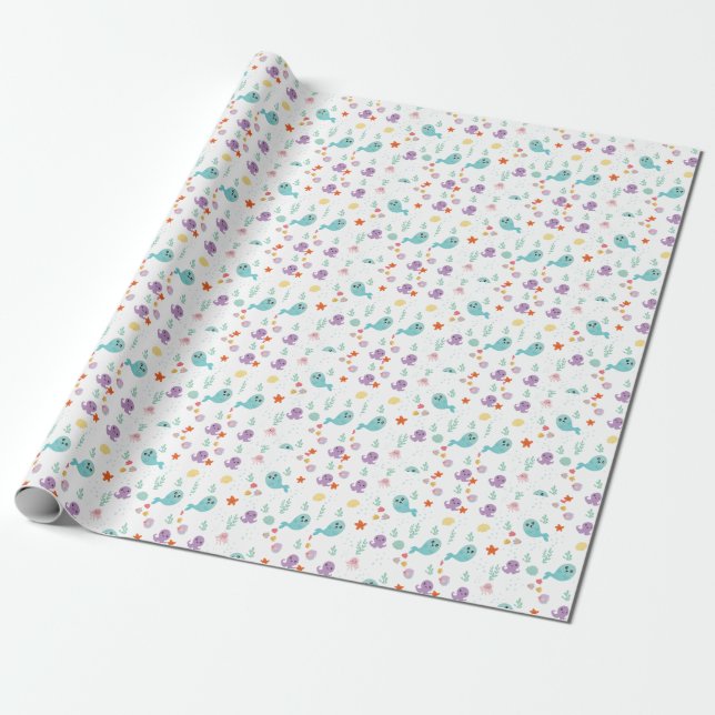 Papier Cadeau Baleines Poissons Animaux De Mer Violet Rose Turqu (Déroulé)