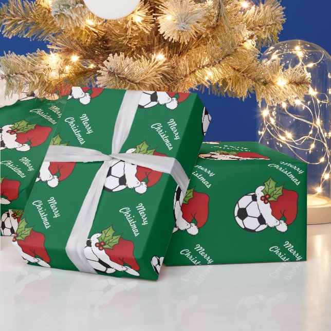 Papier Cadeau Balle de football de Noël avec vert foncé (Vacances)