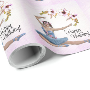 Papier Cadeau Ballerina en bleu sur rose Personnaliser Anniversa