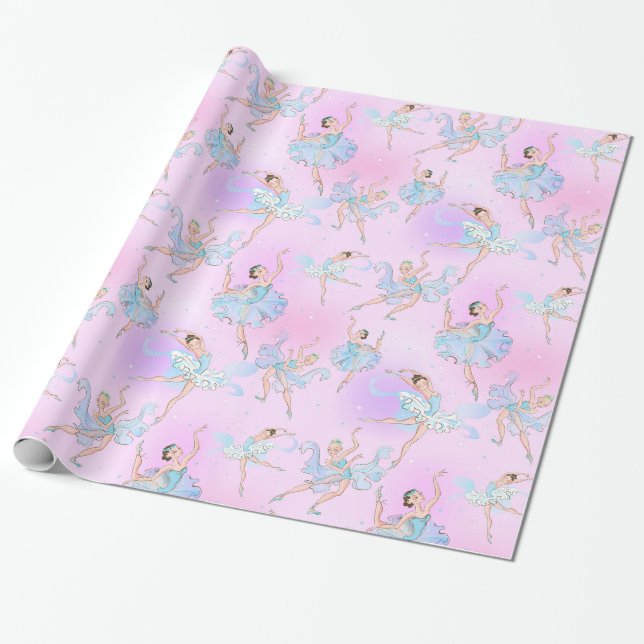 Papier Cadeau Ballerinas Danseuses Avec Motif Rose Aqua (Déroulé)