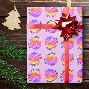 Papier Cadeau Balles de Basket Enfants Nom Rose Noël