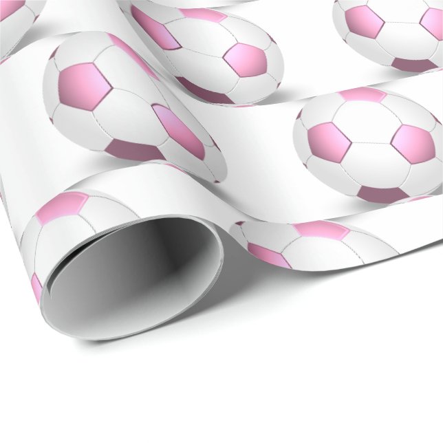 Papier Cadeau balles de football rose et blanc (Coin rond)