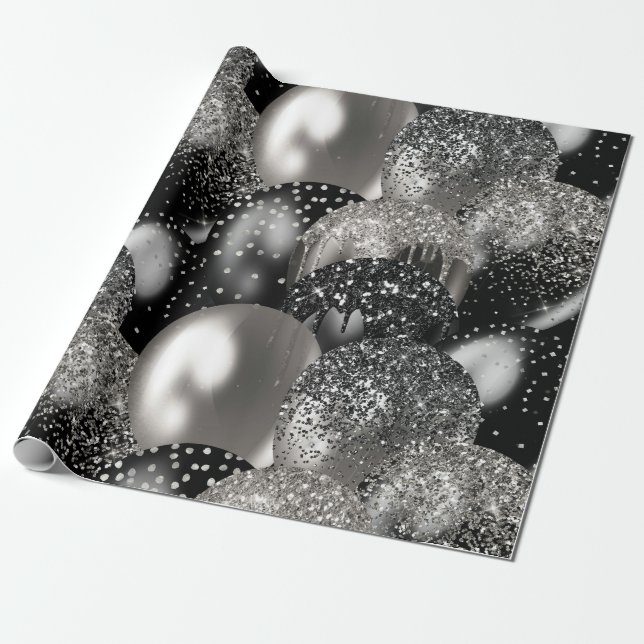 Papier Cadeau Ballons Anniversaire Black Silver Parties scintill (Déroulé)