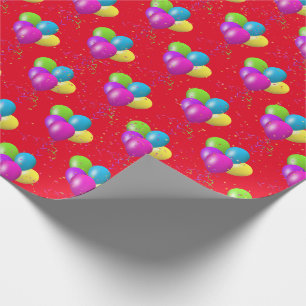 Papier Cadeau Ballons d'anniversaire avec confettis en rouge