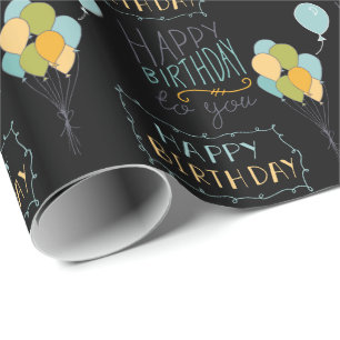 Papier Cadeau Ballons d'Anniversaire Jaune Noir Bleu Vert