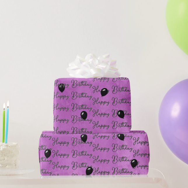 Papier Cadeau Ballons d'anniversaire noirs sur aquarelle rose (Cadeaux de fête)
